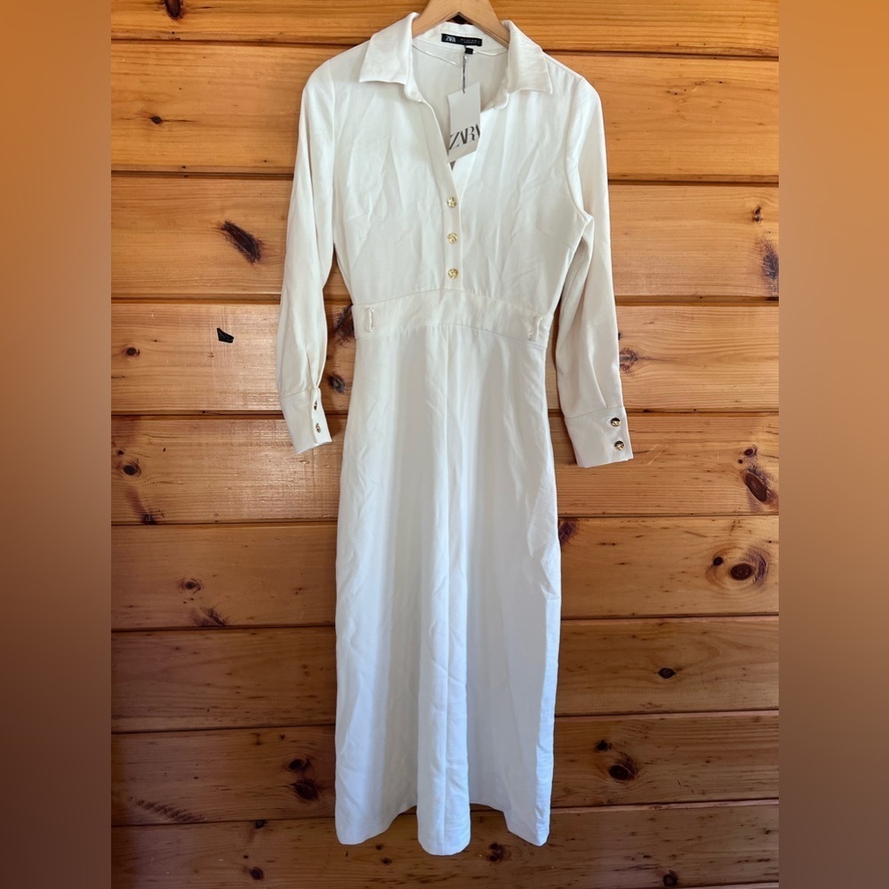 Zara Women's Ecru Long Sleeve Midi Dress Size S